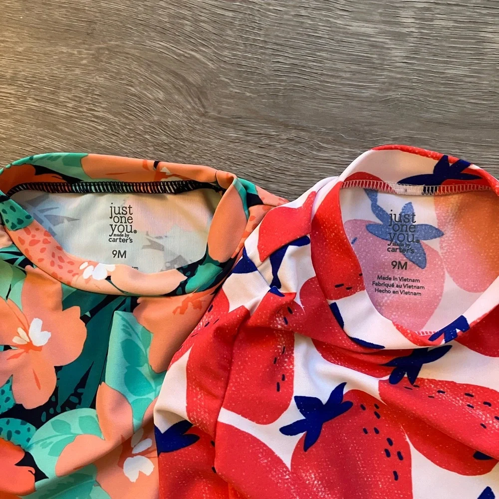 Carter’s Baby Girls Rash Guard Size 9M Set of 2 Long Sleeve Floral Strawberries